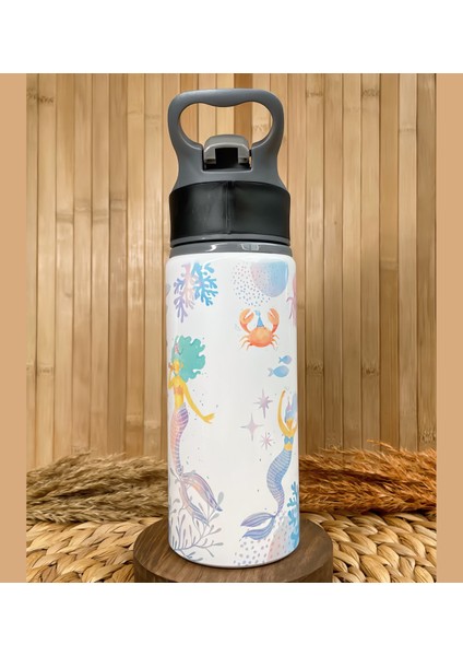 Kişiye Özel Isimli Kız Çocuk Deniz Kızı Pipetli Suluk Matara 650 ml
