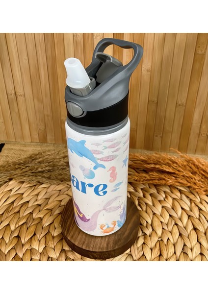 Kişiye Özel Isimli Kız Çocuk Deniz Kızı Pipetli Suluk Matara 650 ml