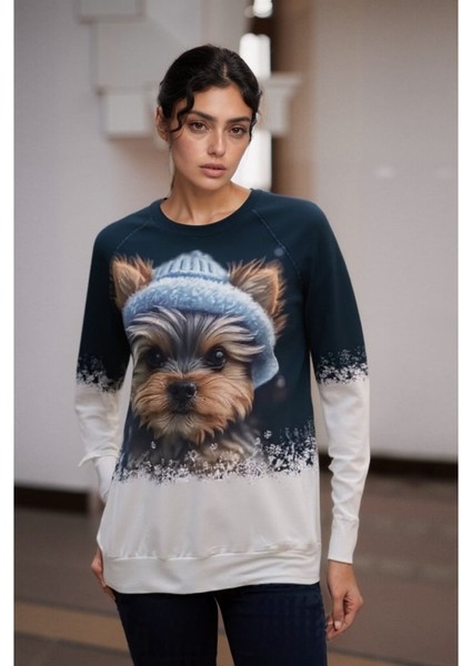 Kadın Uzun Kollu Bisiklet Yaka Köpek Baskılı Şardonlu Dalgıç Bluz