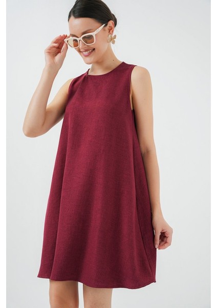 2444 Mini Keten Elbise - Bordo