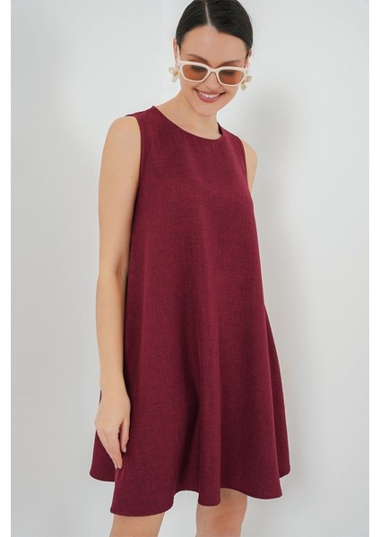 2444 Mini Keten Elbise - Bordo fiyatları