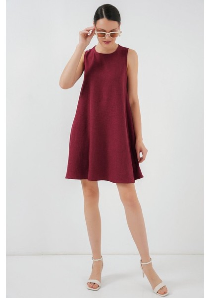 2444 Mini Keten Elbise - Bordo modelleri