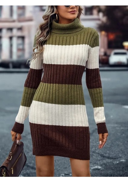 Kadın Uzun Kollu Balıkçı Yaka Üç Renk Triko Mini Elbise modelleri