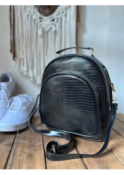 Çift Askılı Üç Fermuarlı Lizard Kadın Sırt ve Omuz Çantası