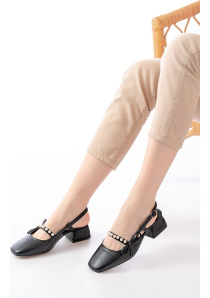 Kadın Maste Incili Kısa Topuklu Ayakkabı - Siyah-Deri