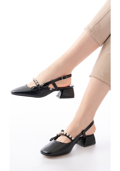 Kadın Maste Incili Kısa Topuklu Ayakkabı - Siyah-Deri fiyatları