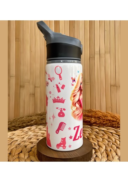 Kişiye Özel Isimli Kız Çocuk Prenses ve Unicorn Temalı Pipetli Çocuk Matara