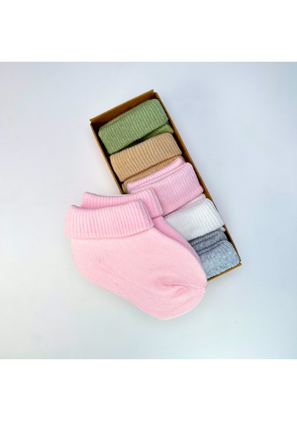 Organik Pamuk Dokuma Desensiz Kıvrık Kız Erkek Yenidoğan Bebek ve Çocuk Çorabı 5li Set