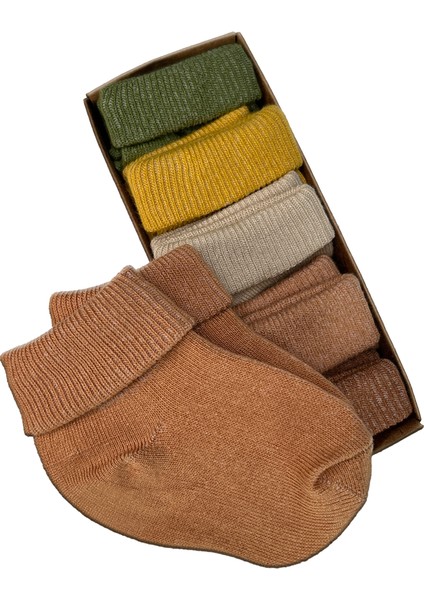 Organik Pamuk Dokuma Desensiz Kıvrık Kız Erkek Yenidoğan Bebek ve Çocuk Çorabı 5li Set