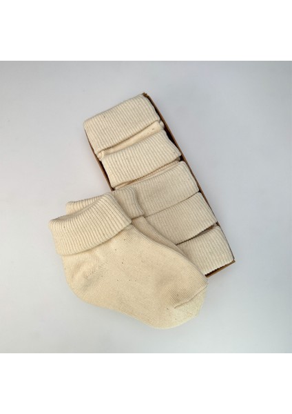 Organik Pamuk Dokuma Desensiz Kıvrık Kız Erkek Yenidoğan Bebek ve Çocuk Çorabı 5li Set