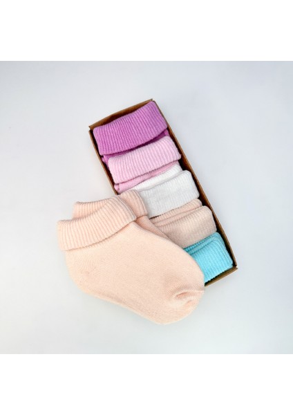 Organik Pamuk Dokuma Desensiz Kıvrık Kız Erkek Yenidoğan Bebek ve Çocuk Çorabı 5li Set