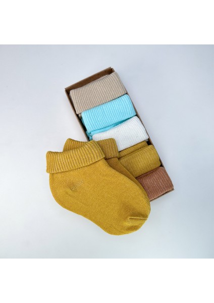 Organik Pamuk Dokuma Desensiz Kıvrık Kız Erkek Yenidoğan Bebek ve Çocuk Çorabı 5li Set