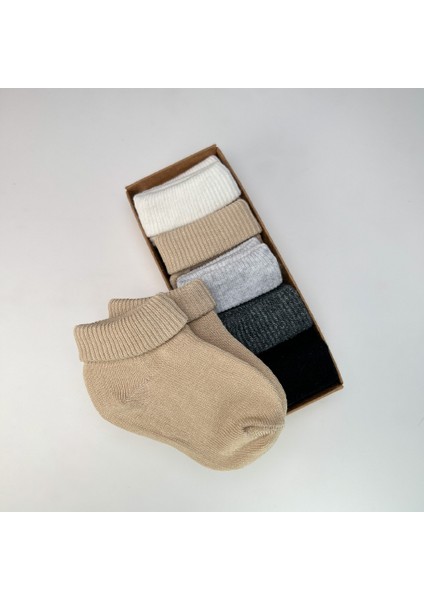 Organik Pamuk Dokuma Desensiz Kıvrık Kız Erkek Yenidoğan Bebek ve Çocuk Çorabı 5li Set