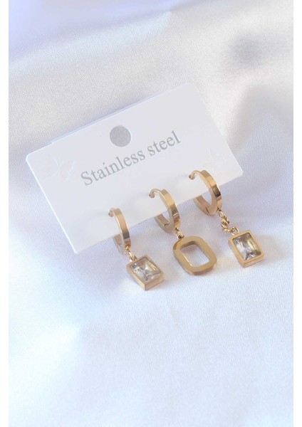 316L Çelik Gold Renk Kare Zirkon Taş Model Kadın Küpe