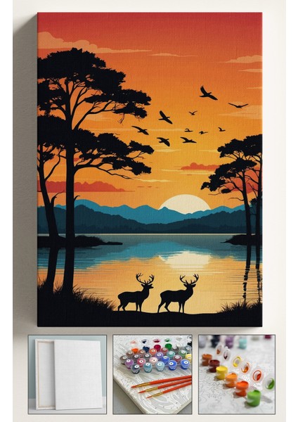 Sayılarla Boyama Seti Kasnaklı Boyalar ve Fırçalar Dahil 40X50 cm Afrika Geyik