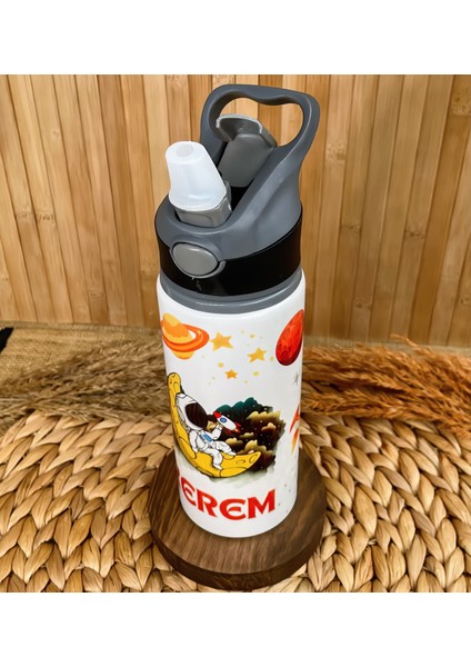 Kişiye Özel Isimli Erkek Çocuk Astronot Uzay Pipetli Suluk Matara 650 ml