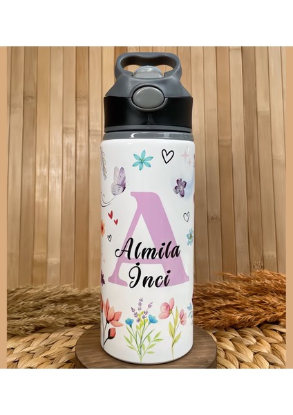 Kişiye Özel Isimli Kız Çocuk Çiçekli Unicorn Temalı Pipetli Suluk Matara 650 ml