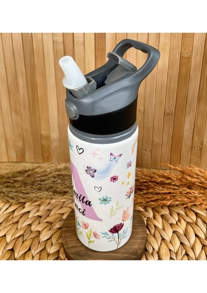 Kişiye Özel Isimli Kız Çocuk Çiçekli Unicorn Temalı Pipetli Suluk Matara 650 ml