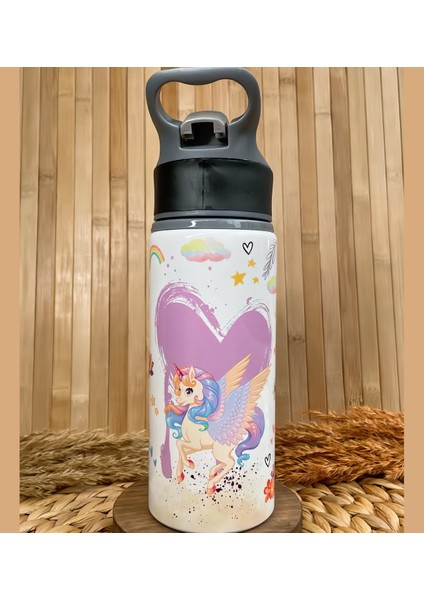 Kişiye Özel Isimli Kız Çocuk Çiçekli Unicorn Temalı Pipetli Suluk Matara 650 ml