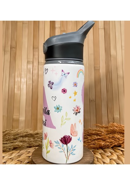 Kişiye Özel Isimli Kız Çocuk Çiçekli Unicorn Temalı Pipetli Suluk Matara 650 ml