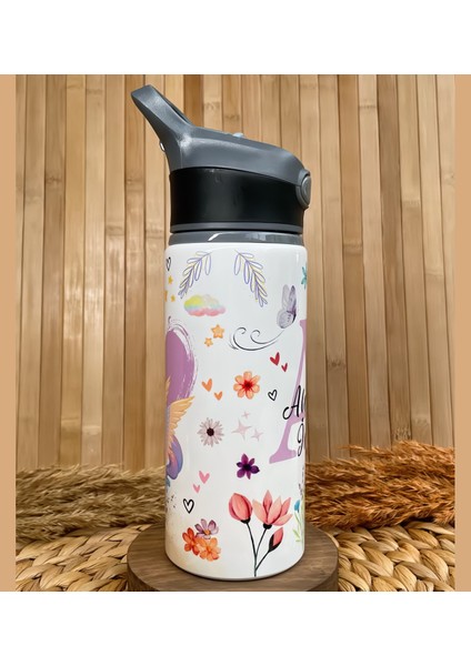 Kişiye Özel Isimli Kız Çocuk Çiçekli Unicorn Temalı Pipetli Suluk Matara 650 ml