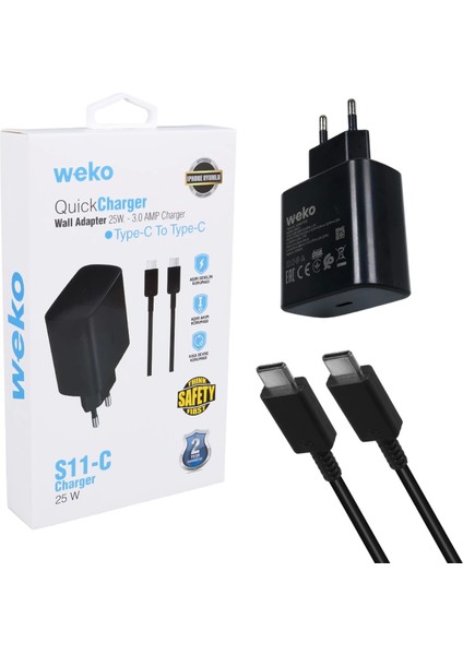 S11-C 25 Watt Siyah Şarj Başlık Adaptörü + Type-C To Type-C Kablo (4887)