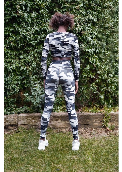 Gri Siyah Beyaz Kamuflaj Desen Uzun Kollu Spor Büstiyer fiyatları