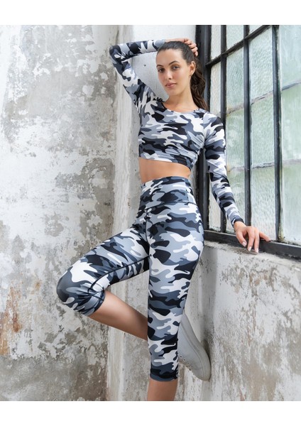 Gri Siyah Beyaz Kamuflaj Desen Uzun Kollu Spor Büstiyer indirimleri