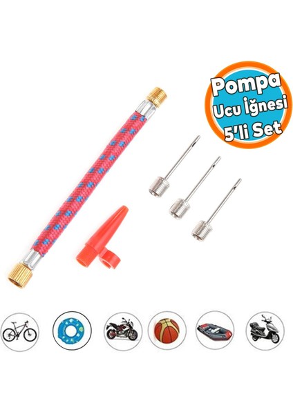 Pompa Ucu Iğne Seti 5'li Hortum Bağlantılı Bisiklet Top Yat Şambrel Teker Şişirme Metal Plastik Jakı fiyatları