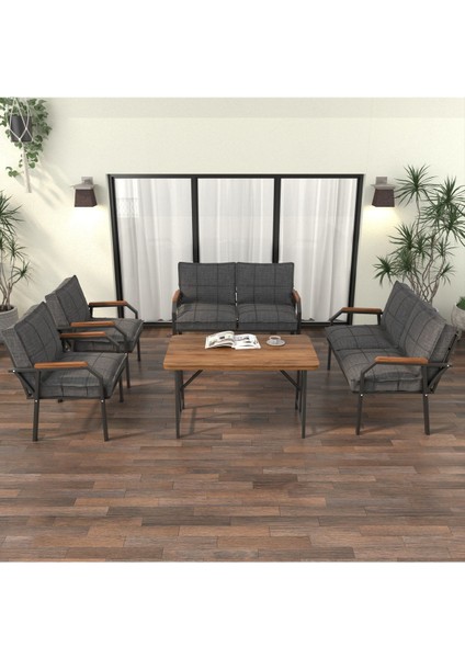 Hayal Serisi Modern Balkon, Bahçe, Cafe - Metal Kanepe Koltuk Takımı 2+2+1+1 -70 x 110 Masalı - Koyu Gri