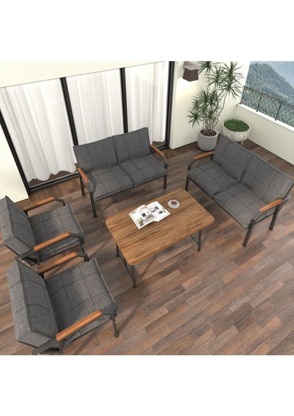 Hayal Serisi Modern Balkon, Bahçe, Cafe - Metal Kanepe Koltuk Takımı 2+2+1+1 -70 x 110 Masalı - Koyu Gri