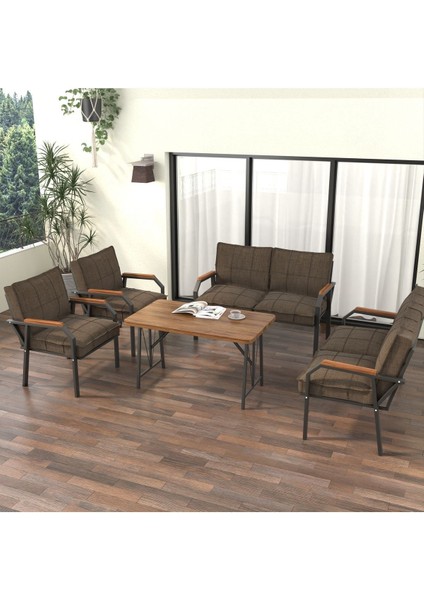 Hayal Serisi Modern Balkon, Bahçe, Cafe - Metal Kanepe Koltuk Takımı 2+2+1+1 -70 x 110 Masalı - Kahverengi