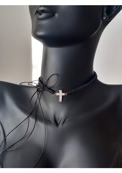925 Ayar Gümüş Işıltılı Örme Siyah Haç Ip Tasarım Kadın Choker Kolye Doğum Günü Hediye
