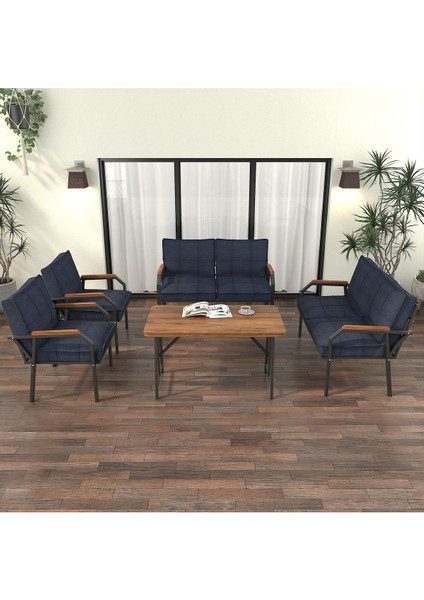 Hayal Serisi Modern Balkon, Bahçe, Cafe - Metal Kanepe Koltuk Takımı 2+2+1+1 -70 x 110 Masalı - Lacivert