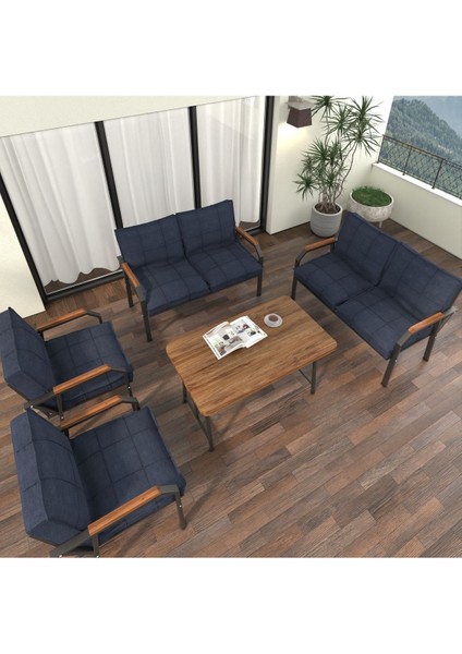 Hayal Serisi Modern Balkon, Bahçe, Cafe - Metal Kanepe Koltuk Takımı 2+2+1+1 -70 x 110 Masalı - Lacivert