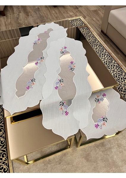 Krem Renk, Keten, Tül Detaylı,kanaviçe Işleme,salon Takımı, Runner Seti fırsatları