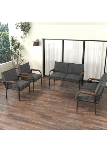 Hayal Serisi Modern Balkon, Bahçe, Cafe - Metal Kanepe Koltuk Takımı 2+2+1+1 - Koyu Gri
