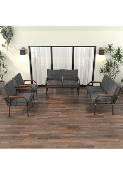Hayal Serisi Modern Balkon, Bahçe, Cafe - Metal Kanepe Koltuk Takımı 2+2+1+1 - Koyu Gri
