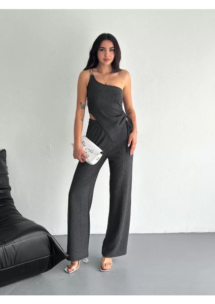 Asimetrik Crop Pantalon Ikili Takım - Füme
