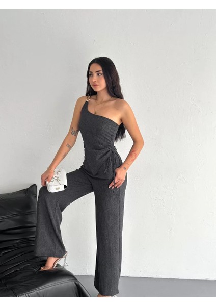 Asimetrik Crop Pantalon Ikili Takım - Füme fırsatları