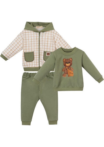 Ekose Kapşonlu Ceket Sweat Pantolon Üçlü Takım