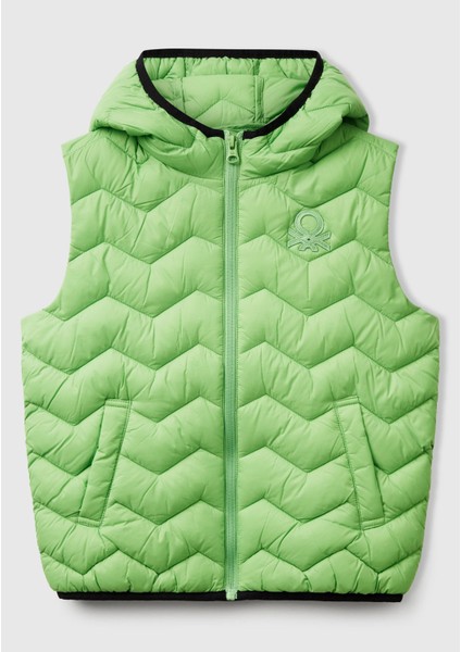 Erkek Çocuk Fıstık Yeşili Logo Detaylı Kapüşonlu Yelek