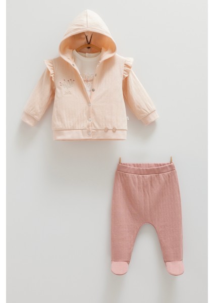 Çiçek Nakışlı Kapüşonlu Hırka Sweatshırt Pantolon Takım