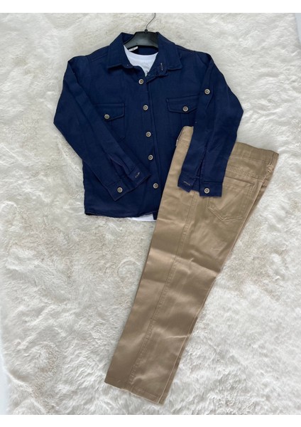 Gabardin Gömlek Ayarlanabilir Lastikli Pantolonlu Tişörtlü 3 Lü Erkek Takım