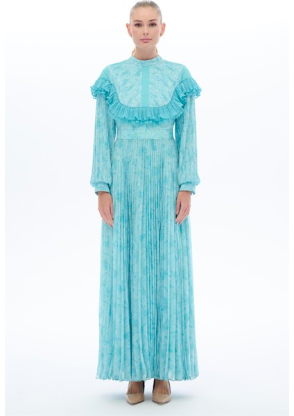 Desenli Plata Elbise Mavi