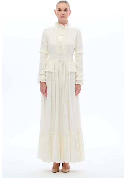 Hakim Yaka Dantelli Elbise Beyaz