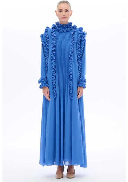 Dikey Nervür Detaylı Elbise Saks