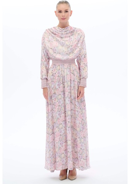 Yakası Dökümlü Elbise Pembe