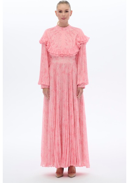 Desenli Plata Elbise Pembe