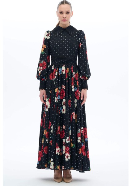 Nervür Detaylı Çiçekli Elbise Siyah